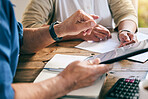 Closeup, hands and people with a tablet for planning, mortgage payment or home budget. Finance, website and friends or family with technology and documents for insurance, investment or savings