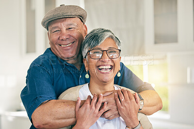 Buy stock photo Portrait, happy or old couple hug in house living room bonding together to relax on holiday with support. Retirement, love or senior man laughing with a mature woman with smile or care in marriage