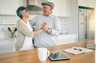 Buy stock photo Old couple, dancing in kitchen and happy with retirement,  partner and love with romance at home together. Dancer, support and trust with marriage and loyalty, man and woman in healthy relationship