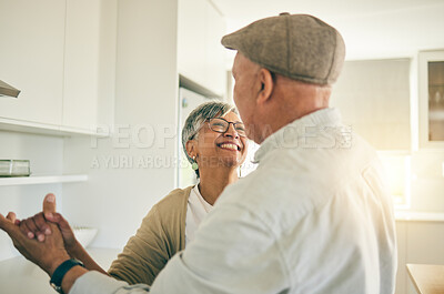 Buy stock photo Old couple, dancing in kitchen and happiness with retirement, life partner and love with romance at home together. Dancer, support and trust with marriage, man and woman in healthy relationship