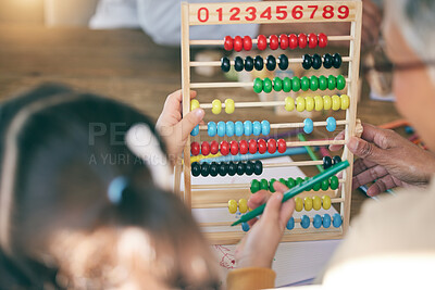 Buy stock photo Kid, math homework or grandma teaching or helping for knowledge, education or child development. Grandparent, senior grandmother or back of girl counting numbers to study for test on abacus at home