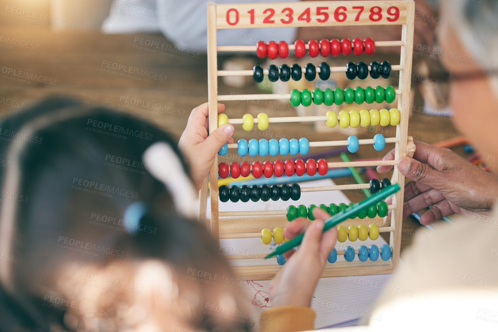 Buy stock photo Kid, math homework or grandma teaching or helping for knowledge, education or child development. Grandparent, senior grandmother or back of girl counting numbers to study for test on abacus at home