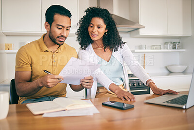 Buy stock photo Couple, insurance paperwork and budget planning with laptop, bills and finance with taxes and mortgage. Financial documents, payment and loan with policy, audit and review with asset management
