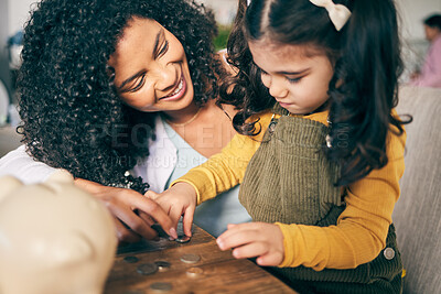 Buy stock photo Money, piggy bank and mother with girl counting coins together for learning, development and knowledge. Finance, family and mom and daughter with cash for financial savings, planning and investment