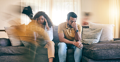 Buy stock photo Tired parents, children and running on sofa in stress, headache or depression in chaos at home. Frustrated mother and father in burnout, anxiety or difficulty with ADHD kids in living room at house