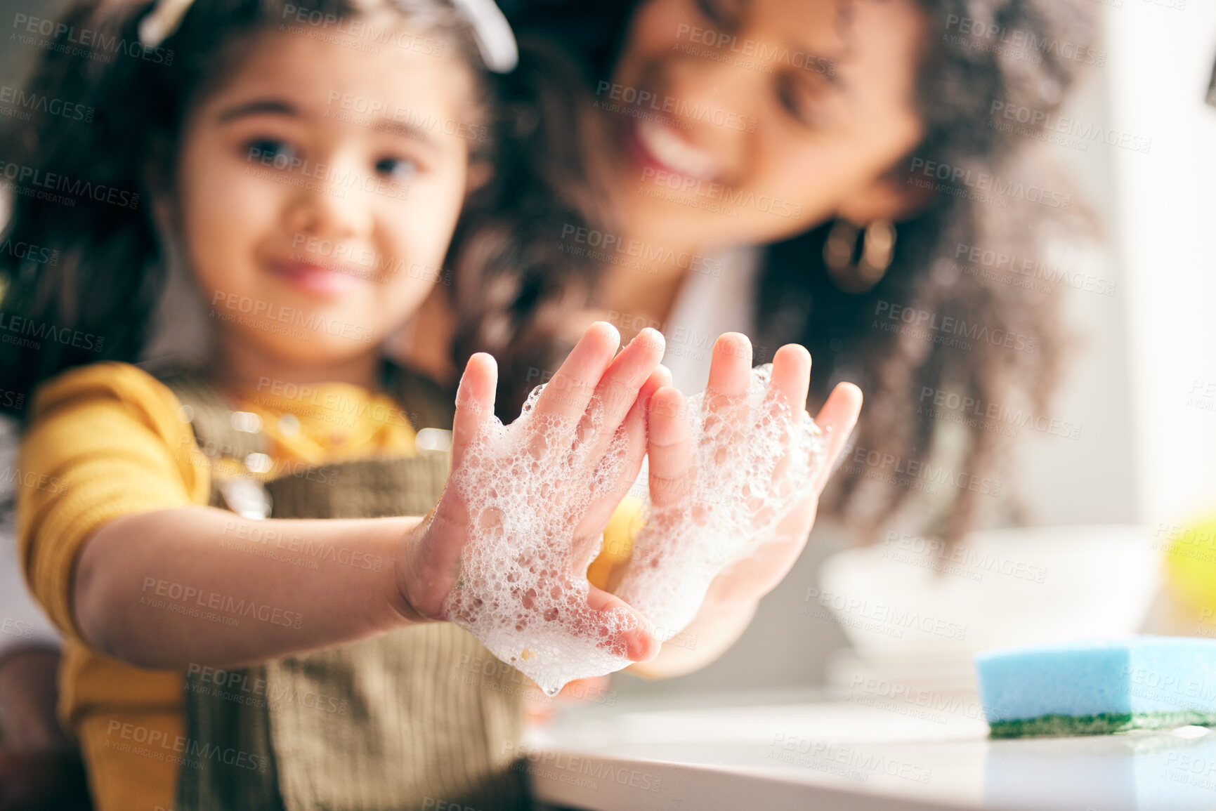 Buy stock photo Soap, cleaning hands and family with child in bathroom for learning healthy hygiene routine at home. Closeup, mom and girl kid washing palm with foam for safety of bacteria, dirt or germs on skincare