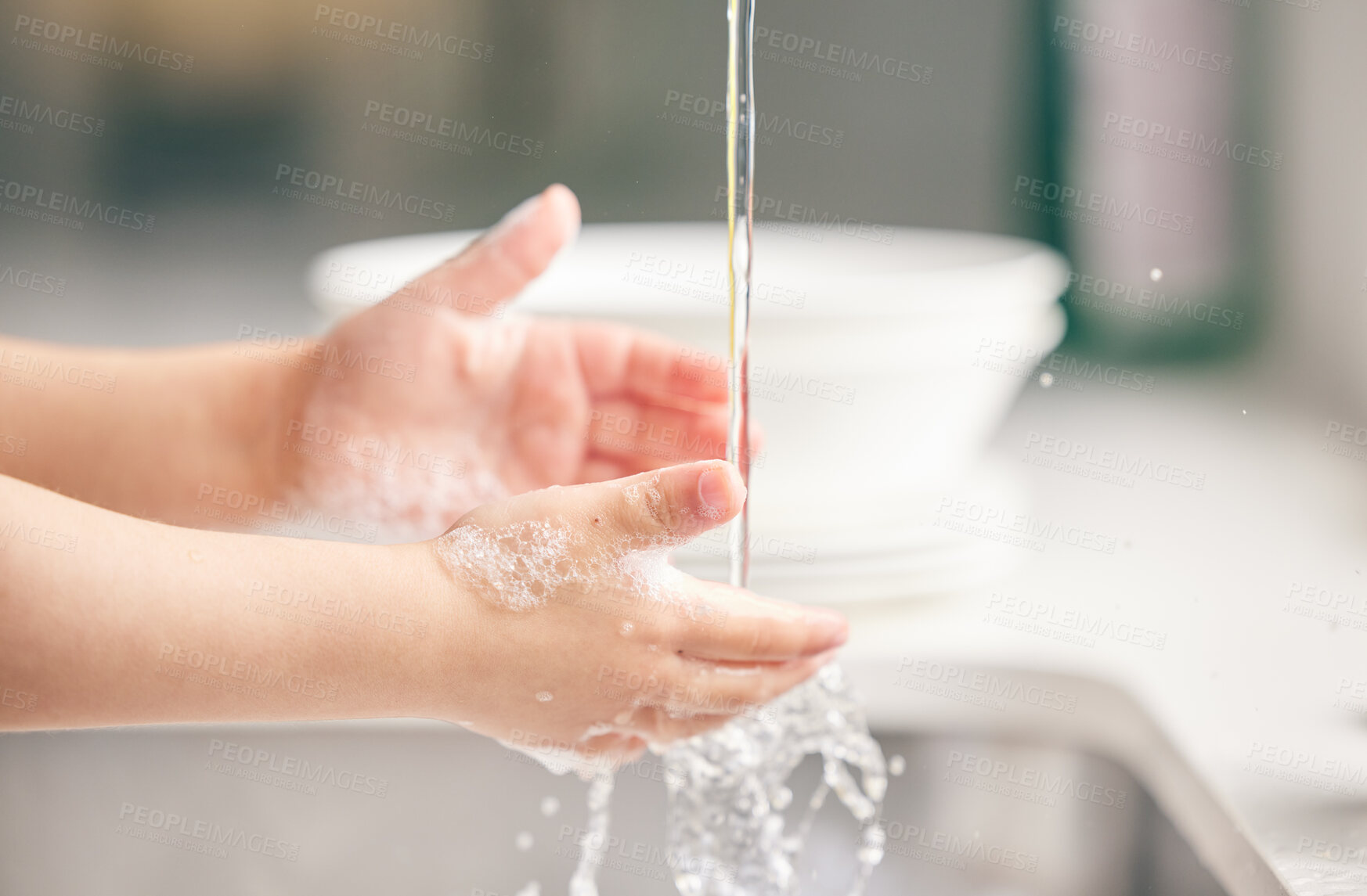 Buy stock photo Child, washing hands and kitchen with foam in closeup for health, safety and stop bacteria in house. Kid, cleaning palm and soap with water, liquid or learning in bathroom for wellness in family home