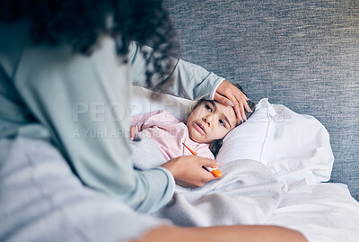 Buy stock photo Mother, thermometer and sick child in bedroom with illness, virus or infection and caring parent at home. Mom checking kid or little girl with fever, cold or flu in health or medical attention in bed