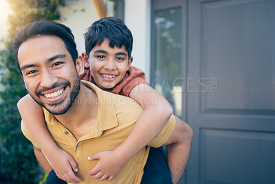 Buy stock photo Portrait, smile and father piggyback child by home, bonding and excited together. Face, kid and dad carrying boy, funny laugh and happy with care, play and support for healthy connection of family