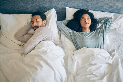 Buy stock photo Interracial couple, fight and stress in bedroom for divorce, anger and thinking of breakup, cheating and anxiety from above. Man, woman and partner in bed for conflict, argument and drama of dispute 
