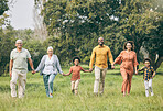 Portrait, holding hands and happy family at a park walking, bond and having fun in nature together. Love, smile and children with parents, grandparents and freedom, support and trust on forest walk