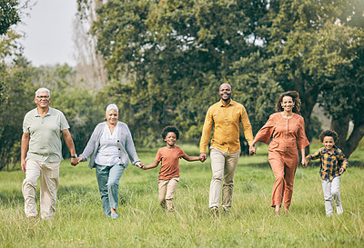 Buy stock photo Portrait, holding hands and happy family at a park walking, bond and having fun in nature together. Love, smile and children with parents, grandparents and freedom, support and trust on forest walk