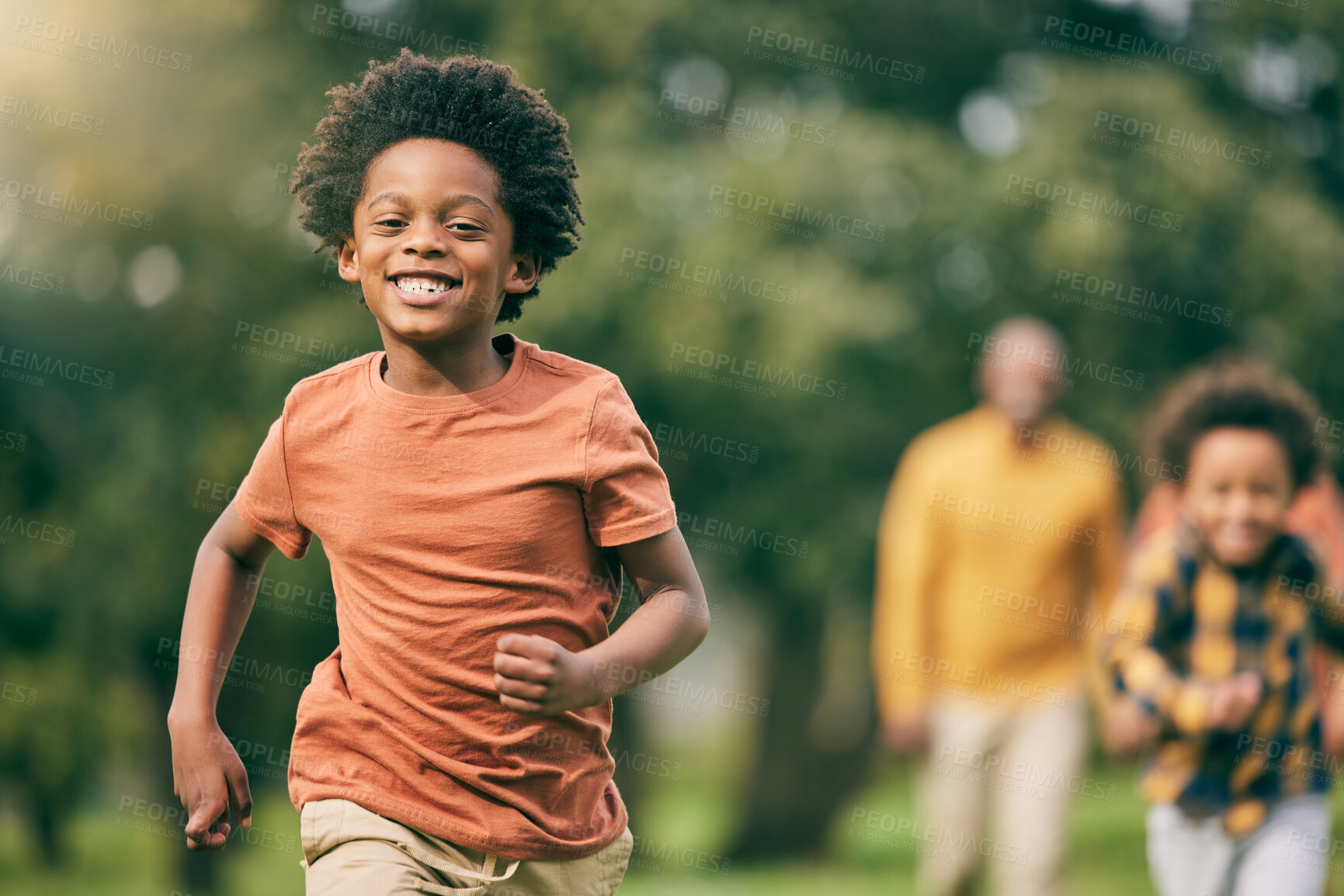 Buy stock photo Portrait, running and children at a park with parents, freedom and playing in nature together. Love, energy and excited kid face run in a forest with mother, father and bonding, smile and race games