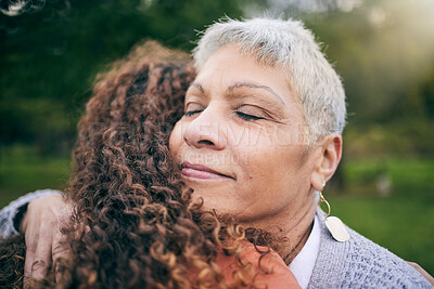 Buy stock photo Senior mother, woman and hug at park with love, care and bonding for trust, support and wellness outdoor. Elderly mom, adult daughter and embrace in nature for healthy relationship of family together