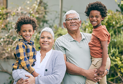 Buy stock photo Portrait, happy kids or grandparents in garden to relax for bonding with love, support or care in retirement. Face, smile or grandma, grandfather or siblings on interracial family holiday vacation