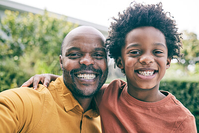 Buy stock photo Portrait, father and child take a selfie in nature as a happy family to relax on holiday together. Smile, faces or African dad taking picture or photograph with an excited young boy or kid in park