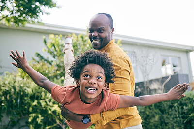 Buy stock photo Airplane, garden or child playing with father to relax or bond as a black family with love or care, Smile, flying or excited African dad with a kid to enjoy fun games on holiday toogether in backyard