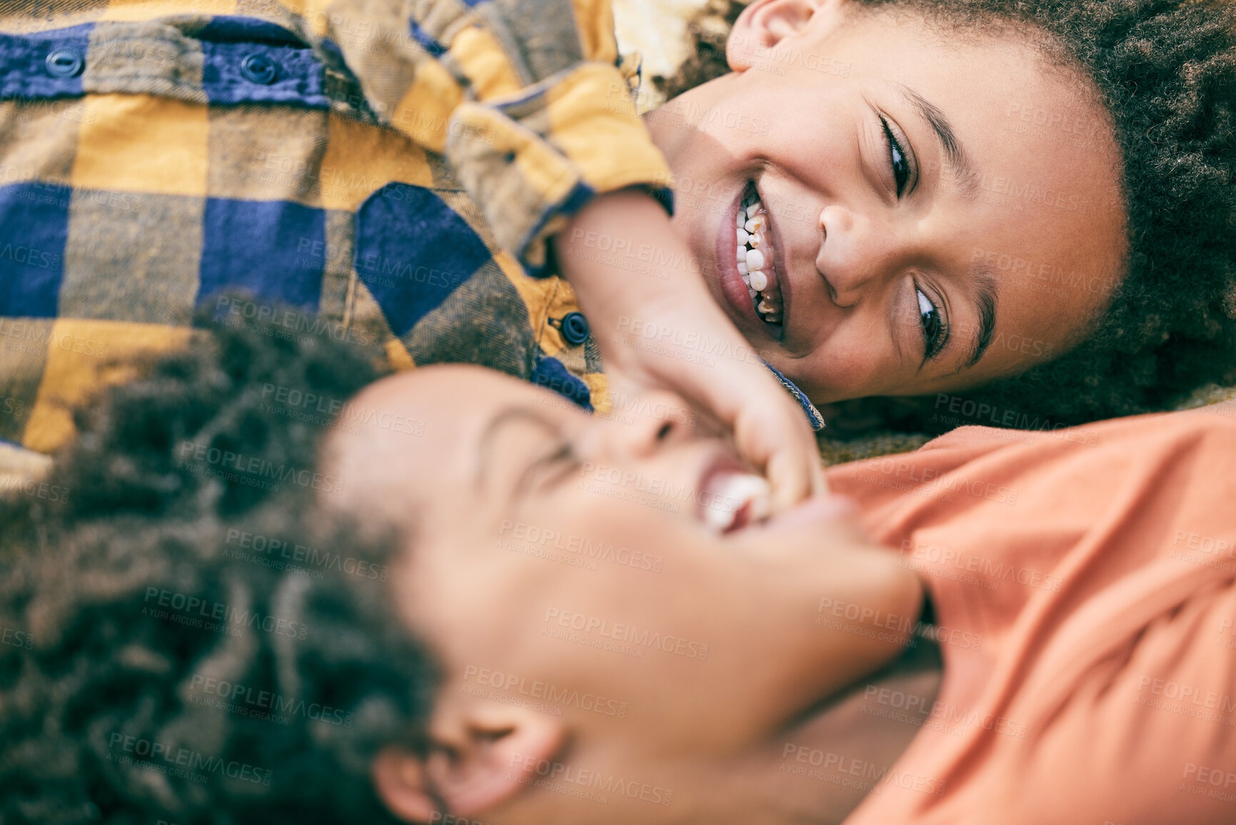 Buy stock photo Happy, boy kids and laugh for tickles, playing games and joke together with crazy energy. Face, smile and excited young brothers in freedom, funny and comedy of silly siblings, children and good mood