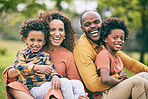 Portrait, black family and parents with children, park and smile with bonding, relax and summer break. Mother, father and happy kids outdoor, happiness or care with fun, weekend break and support