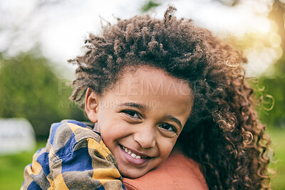 Buy stock photo Portrait, kid and hug mother in nature, happy and bonding together outdoor. Face, mom and African child embrace in connection for healthy relationship, family smile and trust for care in love support