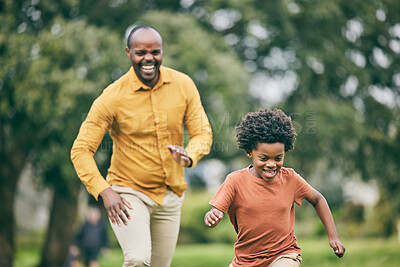 Buy stock photo African father, son and running in park, funny game and speed with freedom, care and love on holiday. Black man, young boy and comic playing with smile, outdoor and happy in summer sunshine on lawn
