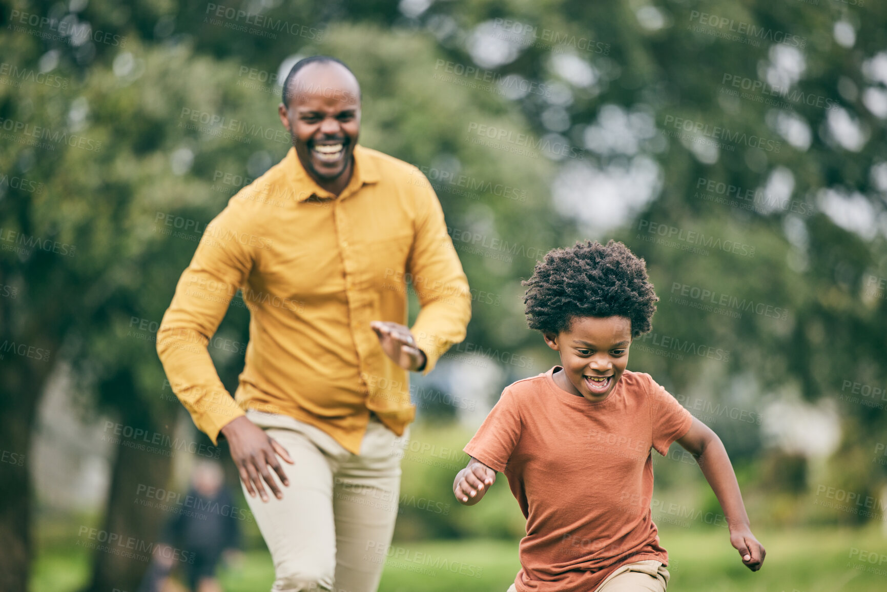 Buy stock photo African father, son and running in park, funny game and speed with freedom, care and love on holiday. Black man, young boy and comic playing with smile, outdoor and happy in summer sunshine on lawn