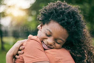 Buy stock photo Happy, hug and mother with child in park for relax, bonding and love. Care, support and smile with woman and young boy embrace in nature for black family, summer vacation and happiness together