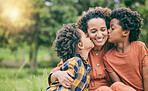 Happy, kiss and mother with children in park for relax, bonding and love mockup. Care, support and smile with woman and kids in grass field in nature for black family, summer and happiness together