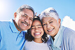 Child, sky or portrait of happy grandparents bonding in Brazil to relax with love, smile or care in retirement. Faces, proud grandmother or senior grandfather with kid on holiday vacation in summer