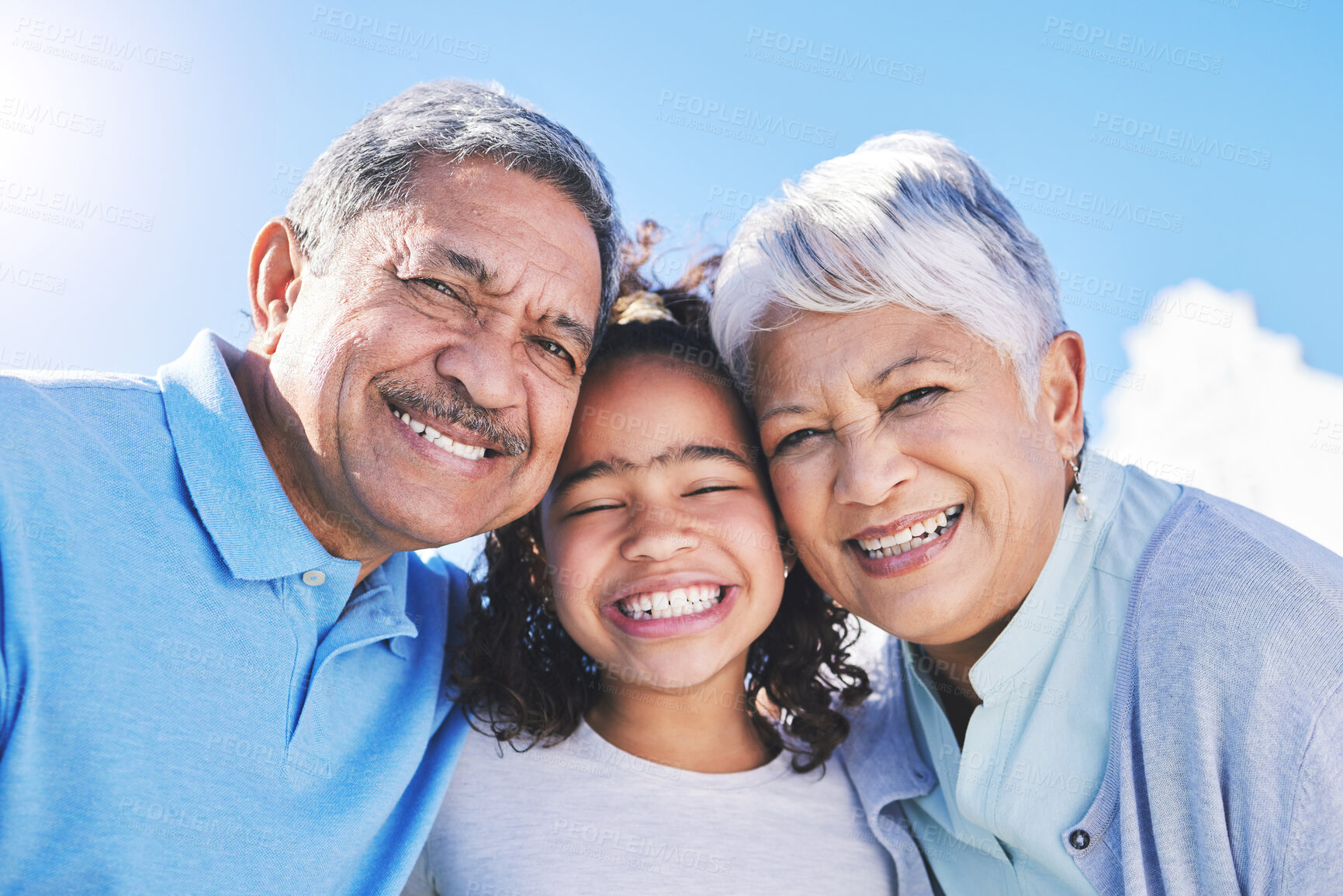 Buy stock photo Child, sky or portrait of happy grandparents bonding in Brazil to relax with love, smile or care in retirement. Faces, proud grandmother or senior grandfather with kid on holiday vacation in summer