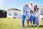 Happy big family, portrait and real estate in property, investment or moving in new home together. Parents, grandparents or kids smile in happiness for buying house, building finance or mortgage loan