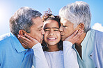 Smile, sky or grandparents kiss child bonding in Brazil to relax with love, trust or care in retirement. Face, proud elderly grandmother or senior grandfather with a happy kid on holiday in summer