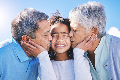 Buy stock photo Smile, sky or grandparents kiss child bonding in Brazil to relax with love, trust or care in retirement. Face, proud elderly grandmother or senior grandfather with a happy kid on holiday in summer