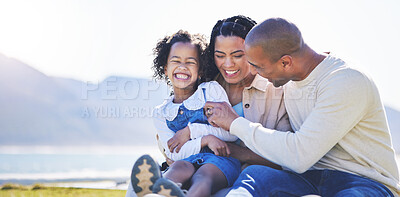 Buy stock photo Mother, beach or father laughing with child bonding in Brazil to relax with love, smile or care in summer. Happy family, mom or funny dad with daughter in nature picnic on holiday vacation together