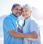 Love, portrait and senior couple at beach, hug or travel, bond and happy in nature together. Retirement, freedom and face of old people embrace at sea, trust or care on traveling ocean trip in Mexico