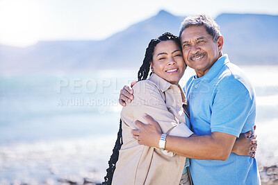 Buy stock photo Hug, beach or portrait of senior father bonding in Brazil to relax with love, smile or care in retirement. Happy family, travel or mature dad with daughter on holiday vacation in summer on mockup