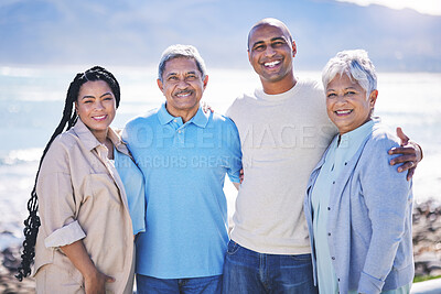 Buy stock photo Beach, portrait and family or parents on vacation in tropical holiday location for love, care and support together. Hug, smile and senior people with man and woman for travel adventure on an island