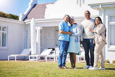 Buy stock photo Happy family, portrait and hug in real estate, property or investment and moving in new home together. Parents and grandparent smile in happiness for buying house, building finance or mortgage loan