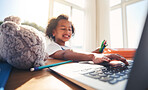 Hand, laptop and education with a girl in her bedroom for remote learning or private home school. Computer, children and homework with a young female kid at a desk for growth or child development