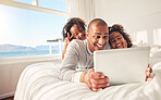 Bed, father or kids streaming movie or film on online subscription in beach house to relax. Happy family, morning or excited dad watching funny comedy videos on tablet with children siblings or smile