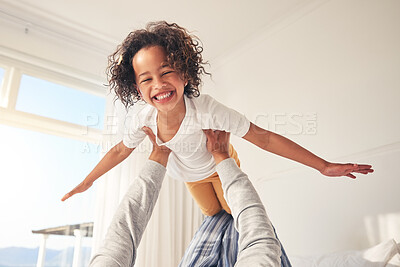 Buy stock photo Airplane, happy and parent playing with child in a bedroom for bonding, fun and happiness together in a home. Weekend, laughing and kid flying in a fantasy game on a bed as a plane with father