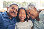 Grandparents, portrait and child smile in home living room on sofa, bonding and having fun together. Face, grandma and grandfather with kid in lounge to relax with love, care and family connection