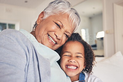 Buy stock photo Portrait, child or happy grandma in a selfie with love, care or smile bonding to relax together at home. Face, photo or senior grandmother taking pictures with girl or kid on sofa of family house