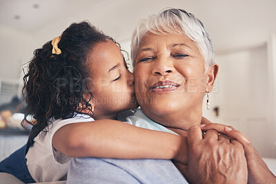 Buy stock photo Hug, kiss or child with grandma in living room of family house with trust, care or love in retirement. Senior granny, face or happy grandmother bonding with kid to relax with smile, joy or freedom