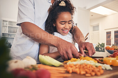 Buy stock photo Cooking, vegetables and father with kid in the kitchen for child development, teaching and learning. Bonding, happy and dad helping girl to cut ingredients for a dinner, supper or lunch meal at home.