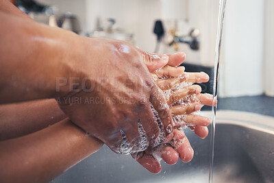 Buy stock photo Soap, water and learn to clean hands, hygiene and people in kitchen with parent and child, health and wellness. Safe from virus, knowledge and washing with foam, closeup and healthy at home with care