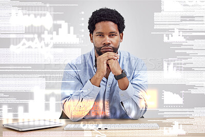 Buy stock photo Black man, portrait and dashboard, coding and hologram, cybersecurity, information technology and software overlay. Malware, analytics and programming with ransomware, code and computer system update