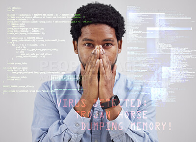 Buy stock photo Black man, surprised portrait and computer virus overlay with online scam and hacker malware. Software glitch, error and system fail of a male professional with tech error, user problem and stress
