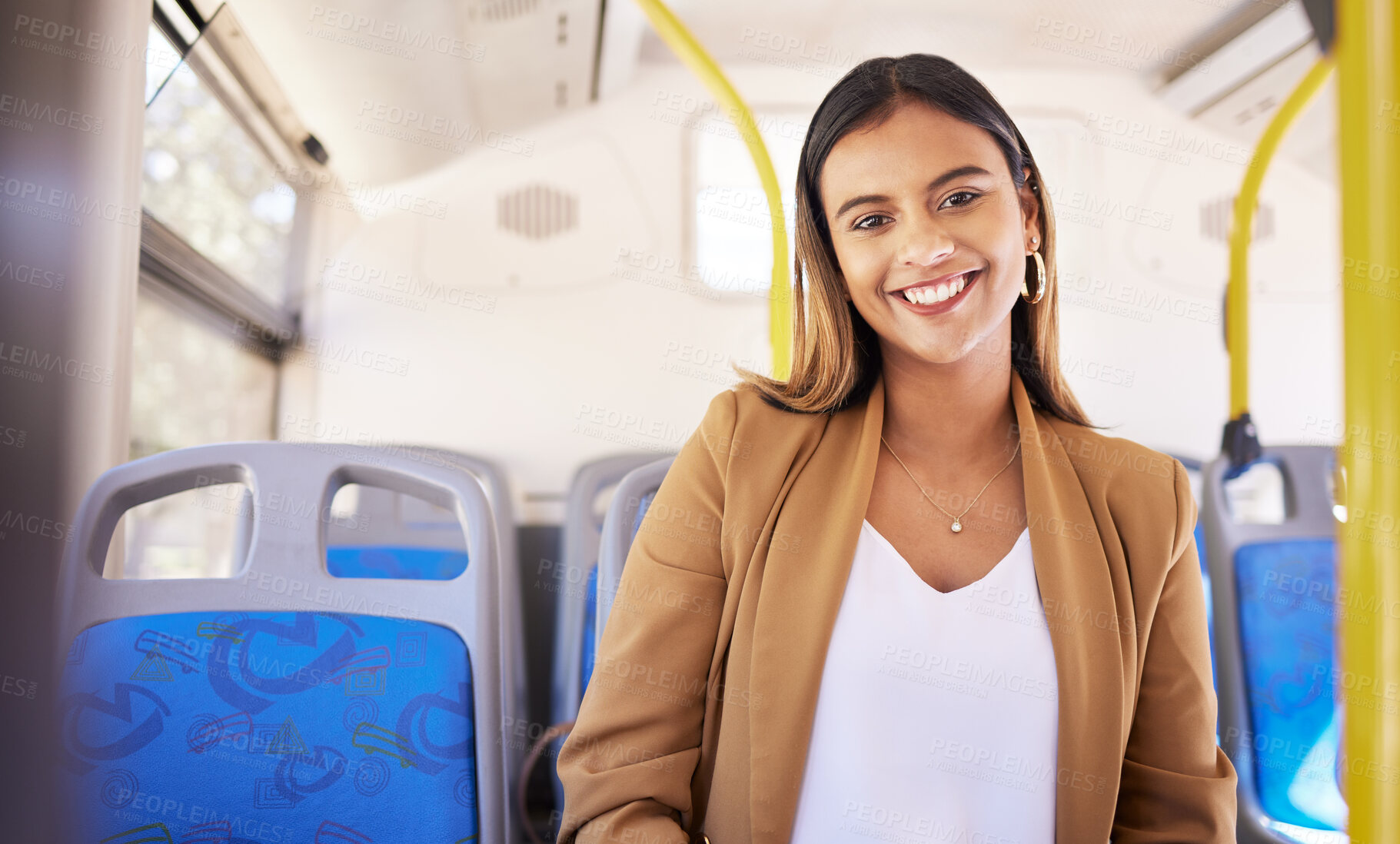 Buy stock photo Woman on a bus, transport and travel with portrait, commute to work or university in city with traffic. Transportation, vehicle and happy student, day trip and journey with metro and public service