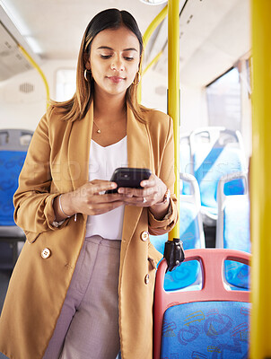 Buy stock photo Bus, business woman and phone with public transport, social media scroll and web with job commute. City travel, stop and internet app of a female professional on a mobile with networking on metro